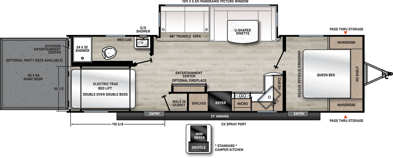 The Aurora 27ATH floorplan is a toy hauler that has two entries and one slide out. Exterior features include: metal exterior, 21' awning and outside kitchen. Interiors features include: u-dinette and front bedroom.